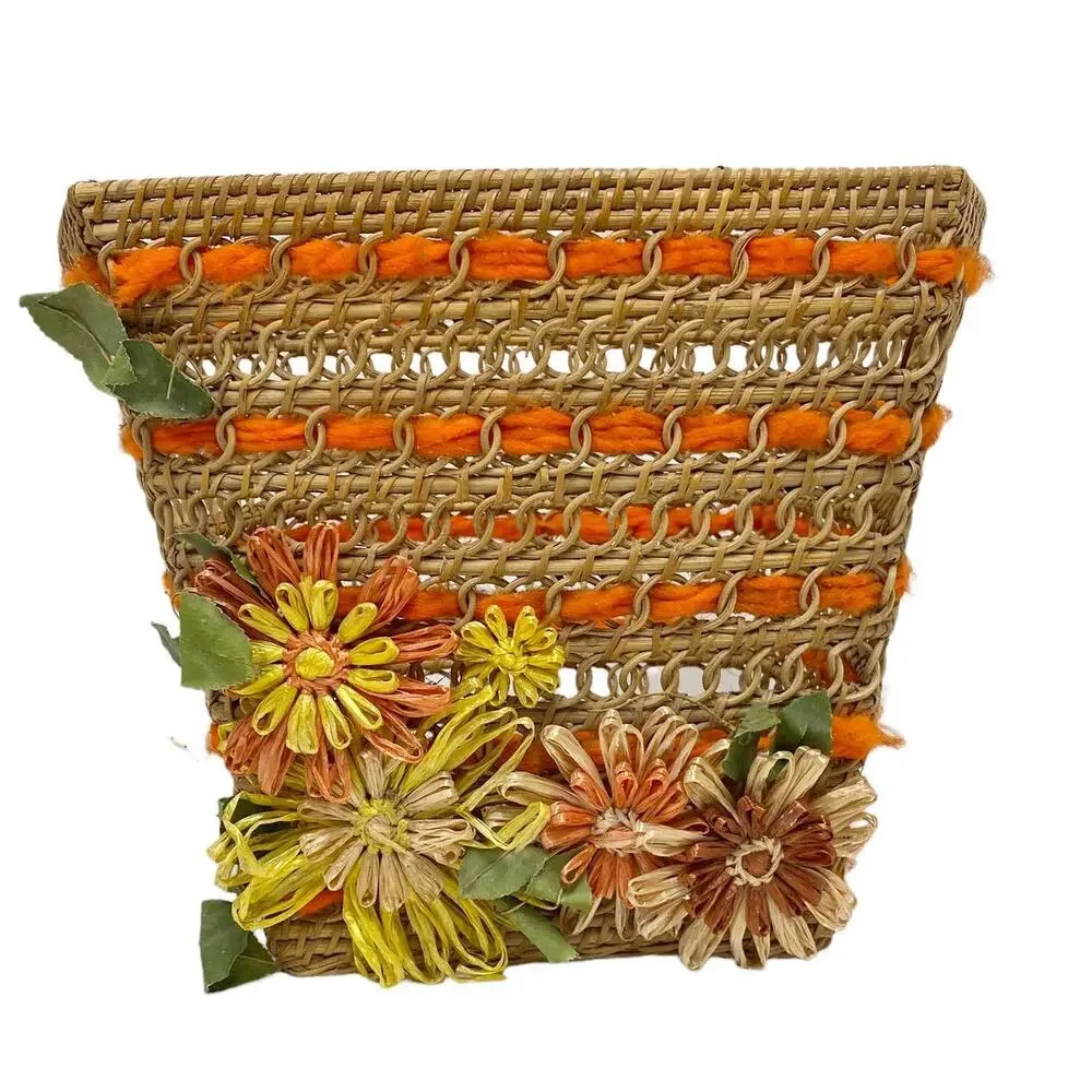 Vintage Straw Woven Square Floral Decor Bin Basket